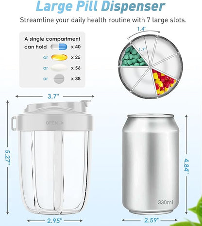 Large Pill Dispenser to Store 7 Various Supplements - Pill Organizer & Supplement Organizer for Travel, Anti-Mixing Design, with Strap & 20 Sticky Labels（Light Gray）