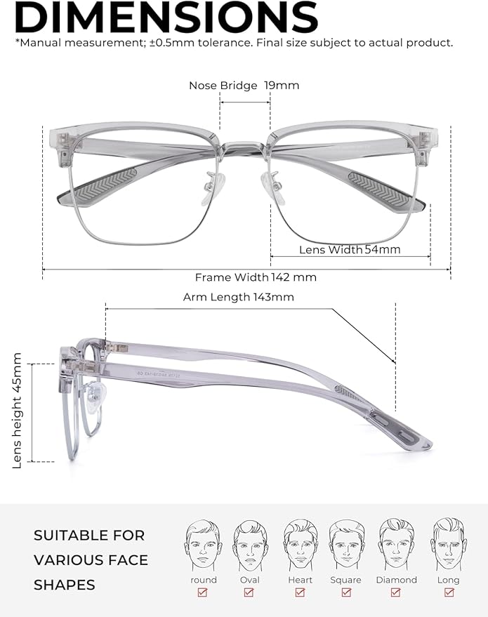 Blue Light Glasses Men Rectangle Large Browline Computer Gaming Glasses Blue Blocker Anti-Glare UV400 Protection Clear Lens