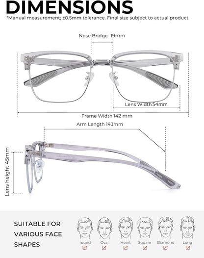 Blue Light Glasses Men Rectangle Large Browline Computer Gaming Glasses Blue Blocker Anti-Glare UV400 Protection Clear Lens