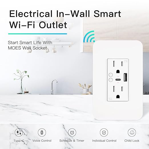 WiFi Smart Plug,in-Wall Smart Home Outlet Compatible with Alexa,Google Assistant,Timer Via App,USB + Type-C Port,Partition Remote Control Smart Socket