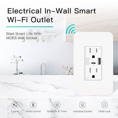 WiFi Smart Plug,in-Wall Smart Home Outlet Compatible with Alexa,Google Assistant,Timer Via App,USB + Type-C Port,Partition Remote Control Smart Socket