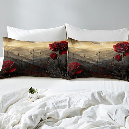 Red Roses Bed Sheet Set Twin Size,Romantic Blooming Flowers Vintage Brown Black Sheet Set,Rustic Nature Mount Moon Sky Glitter Bedding Set with 1 Flat & 1 Fitted Sheet with 1 Pillow