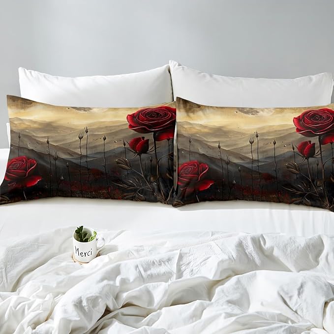 Red Roses Fitted Sheet Set Full Size 4 Pcs,Romantic Blooming Flowers Vintage Brown Black Teens Sheets,Rustic Nature Mount Moon Sky Glitter Bedding Sets (1 Fitted,1 Flat,2 Pillowcases)