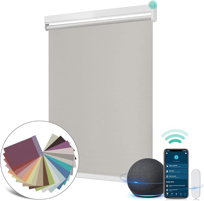 Allesin Motorized Roller Shade Blinds Work with Alexa for Window, 100% Blackout Smart Shades Cordless with Remote Control, Electric Automated Blinds for Window, Customized Size for Smart Home (Grey)