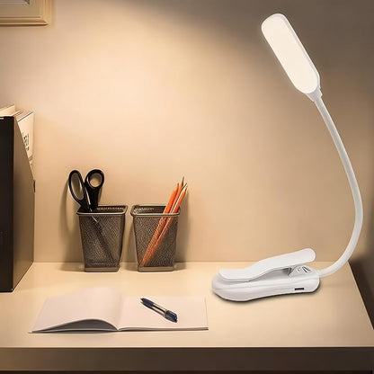 Rechargeable Reading Light, 10LED Beads with 3 Color Temperatures (3000K-6000K), Eye-Caring for Reading, Portable Book Clip Design + Non-Slip Base & 360° Flexible Gooseneck (White)