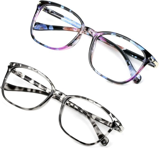 VisionGlobal 2 Pack Blue Light Blocking Glasses for Women/Men, Anti Eyestrain, Computer Reading, TV Glasses, Stylish Square Frame, Anti Glare (Pink+Leopard)