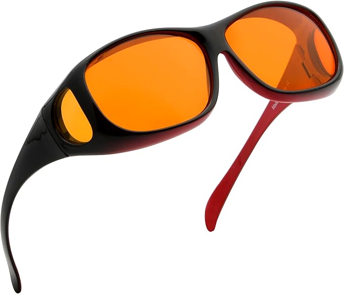 BLUELESS Fit over Blue Blocking Glasses with Orange Tinted Lens Sleep Glasses, Black Red