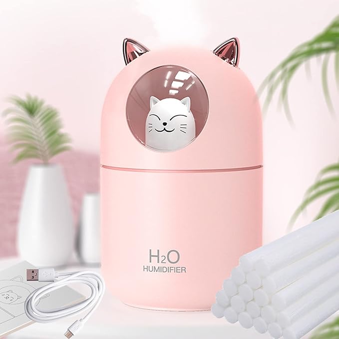 Small Humidifier Cute Portable Cool Mist with 12 Pcs Humidifier Sticks 7 Color Night Light USB Air for Bedroom Office Desk Car Travel (Pink+12 Filter Cotton Sticks)
