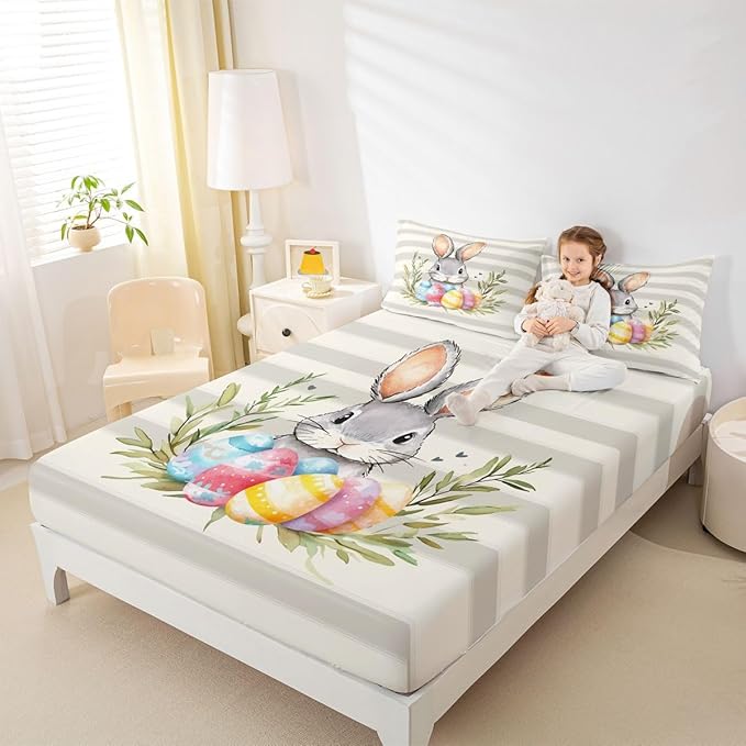 Kawaii Rabbit Bed Sheet Queen Size Easter Egg Plant Animal Bedding Set Happy Easter Cartoon Fitted Sheet Kids Boys Girls Room Decor Beige Gray Soft Sheets with 2 Pillowcase,No Top Flat