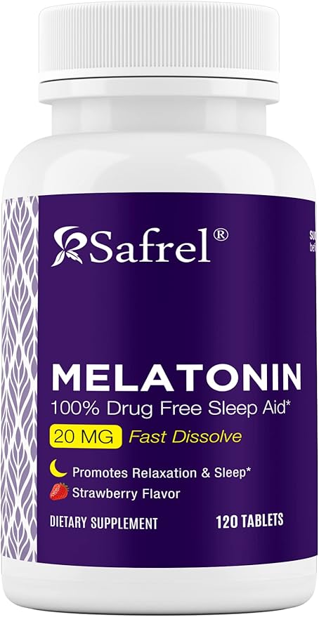 Safrel | Melatonin 20mg | Fast Dissolve Tablets | 120 Count | Strawberry Flavor | Sleep Support | High Absorption Formula | Non-Habit Forming | Vegan