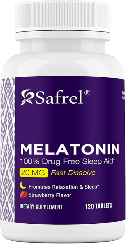 Safrel | Melatonin 20mg | Fast Dissolve Tablets | 120 Count | Strawberry Flavor | Sleep Support | High Absorption Formula | Non-Habit Forming | Vegan