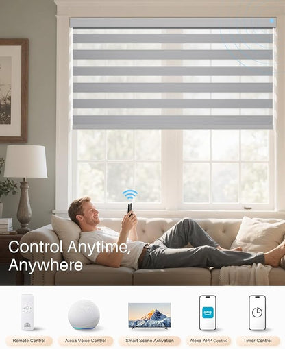 Smart Zebra Blinds for Windows, Alexa Motorized Blinds with Remote Control, Automatic Electric Power Zebra Shades for Indoor Windows (26" W x 72" H,Gray)