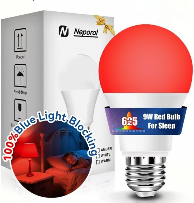 Neporal 625nm Red Light Bulb for Sleep, 100% Blue Light Blocking Bulb for Melatonin Promoting, A19 LED 9W 60W Equivalent Dim Red Night Bulb for Baby Nursery, Sleeping, Reading, Bedroom 1-Pack