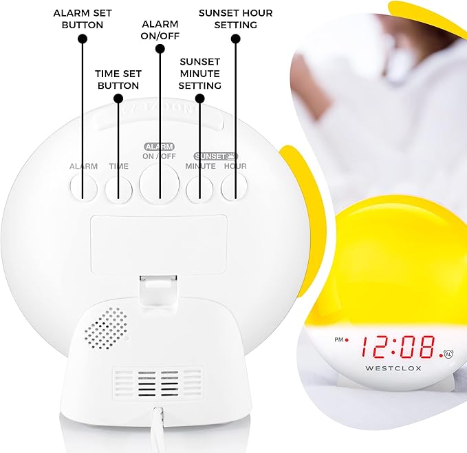 Westclox 71051 Sunrise Alarm Clock with Dimmable Nightlight & Restful Sunset/ Sunlight Simulator lamp for Bedroom