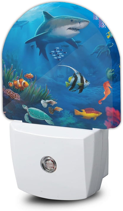 Summer Shark Night Light,Turtle Fish Nightlight Plug into Wall with Dusk to Dawn Sensor, LED Lamp Energy Saving Lights for Men Women Boys Girls,Lamp for Bedroom Bathroom Hallway