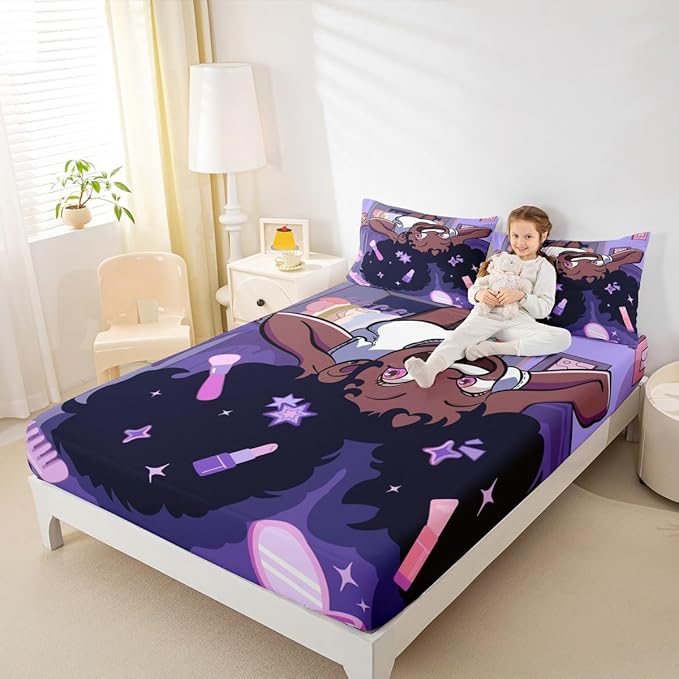 Black Princess Girl Kids Sheet Full Size,African American Cartoon Cosmetic Bedding Set, Star Magical Cute Y2K Chic Kids Room Decor,Purple Sheet(Fitted+Flat+2 Pillowcases)