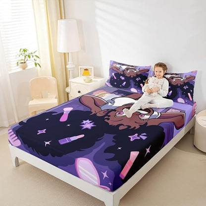 Black Princess Girl Bed Sheets Twin Size,African American Cartoon Cosmetic Easy Wash Bedding Set,Star Magical Cute Y2K Chic Kids Room Decor,Purple Sheet(Fitted+Flat+1 Pillowcase)