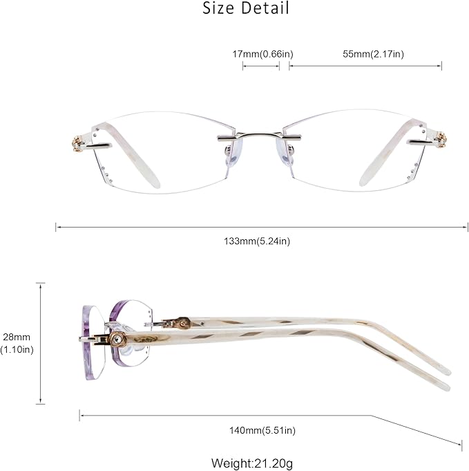 LifeArt Blue Light Blocking Glasses,Computer Reading Glasses,Rimless Frame Tinted Lens with Diamond,Stylish for Women (+3.00 Magnification)