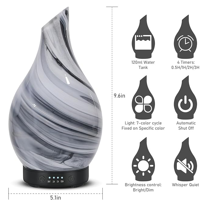 Oil Diffuser & Essential Oils Set - Aromatherapy Diffuser with 6 Essential Oils Set, Ultrasonic Cool Mist Oil Diffusers for Essential Oils, 4 Timer & 7 LED Light, with Auto Shut-Off Protection Gifts