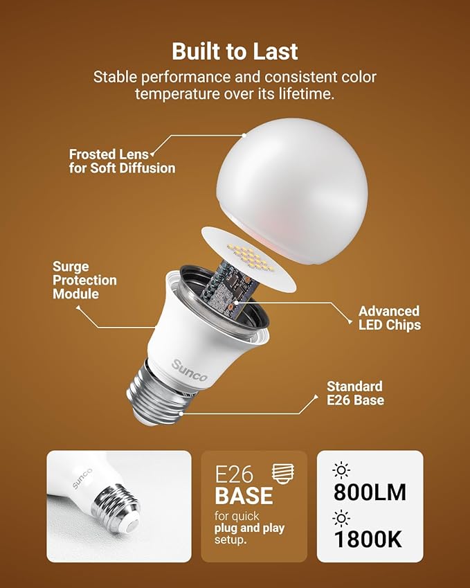Sunco Amber Sleep Light Bulbs, Blue Light Blocking, A19 9W(60 Watt Equivalent) Dim Light Bulbs for Lamp, 1800K Warm Light Bulb, E26 for Healthy Sleep, Bedroom, Baby Nursery Light, 4 Pack