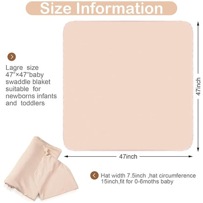 JaGely 2 Pcs Stretchy Baby Swaddle Blankets Set Extra Soft 47" x 47" Baby Newborn Swaddle Blanket and Hat(Green, Apricot)