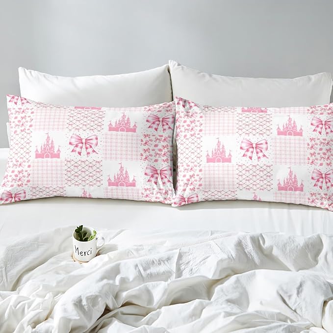 Princess Castle Fitted Sheet,Dreamy Bow-tie Bowknot Fairy Tale Kawaii Sheet Set for Ultra Soft Room Gift,Pink White Geometric Plaids Patchwork Bedding Set with 2 Pillowcases,Queen Size