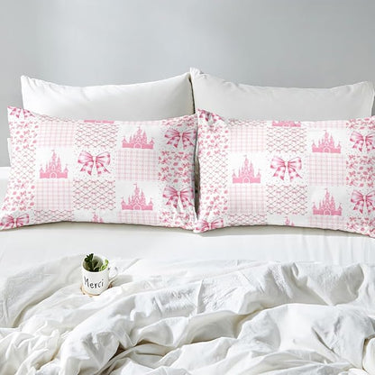Princess Castle Fitted Sheet,Dreamy Bow-tie Bowknot Fairy Tale Kawaii Sheet Set for Ultra Soft Room Gift,Pink White Geometric Plaids Patchwork Bedding Set with 2 Pillowcases,Queen Size