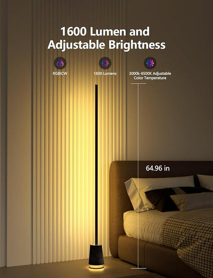 Corner Floor Lamp, 1600lm RGB Corner Lamp, with Bluetooth Speaker and White Noise, Compatible with Alexa & Google, 16 Million DIY Colors, Sync with Music, for Bedroom &Living Room