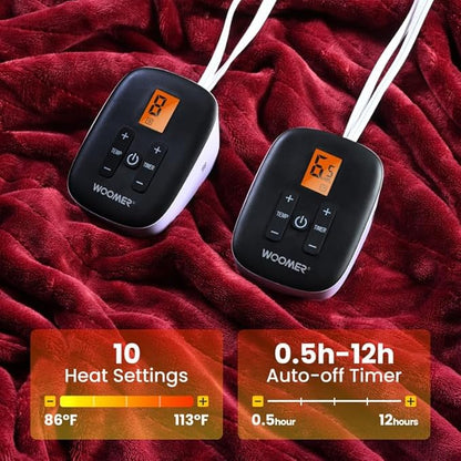 WOOMER Electric Blanket Heated Queen Size 90"x 84" Warm Blanket Double Sided Luxurious Soft Faux Fur, ETL Certified, 10 Heating Levels 0.5-12H Auto Off Machine Washable Red