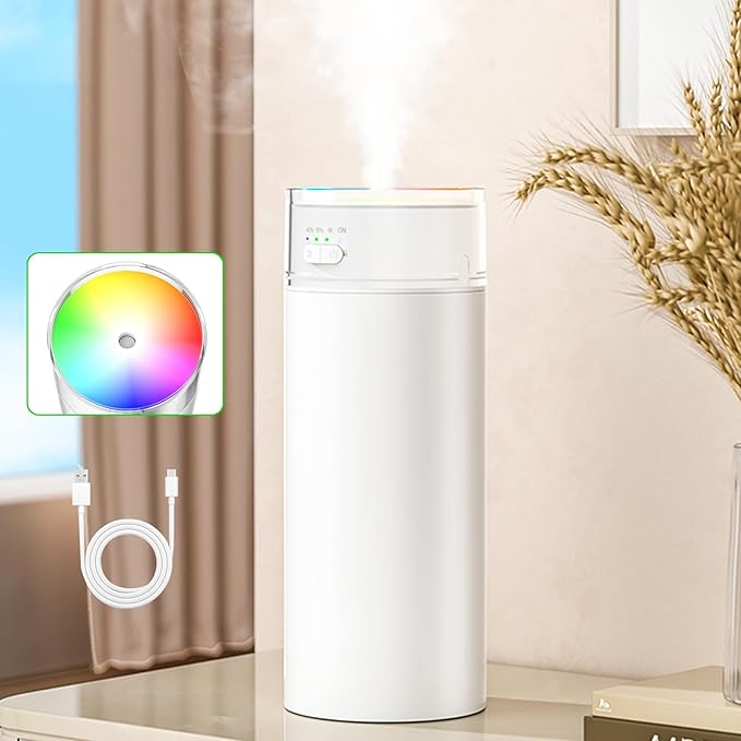 Portable Bedroom Humidifier, Rechargeable Car Mounted Humidifier, 500ml Thick Fog Timed Colorful Cup Humidifiers, Suitable for Small Air Humidifierss in Bedrooms, Cars, Offices & Travel (White)