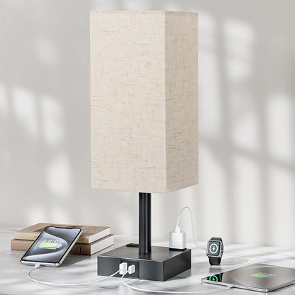 Touch Bedside Table Lamp for Nightstand - 3-Way Dimmable Night Lamp with USB A + Type C Charging Ports and Two AC Outlets, Small Desk Light with E26 LED Bulb for Bedroom Living Room Dorm, Beige