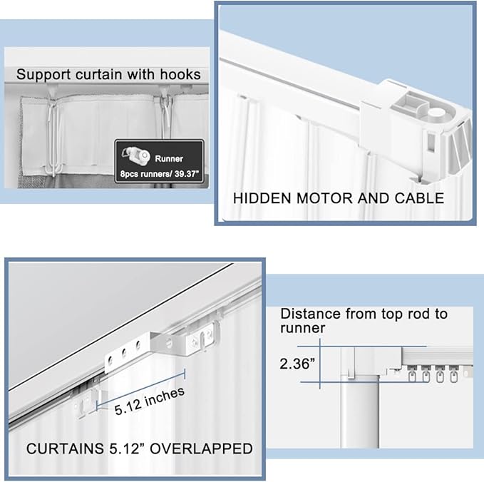Celling Smart Curtains System, Electric Track with Adjustable Rail,Automatic Curtain Opener,Motorized Curtains Rods With Remote, Compatible with Alexa/Google Home (Up to 80in)