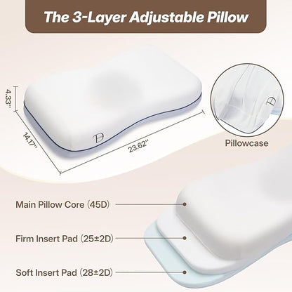 Cervical Neck Pillow for Neck & Shoulder Support, Adjustable Memory Foam Pillow with Customizable Height and Firmness, Ergonomic Pillow for Side, Back，Stomach and Combination Sleepers