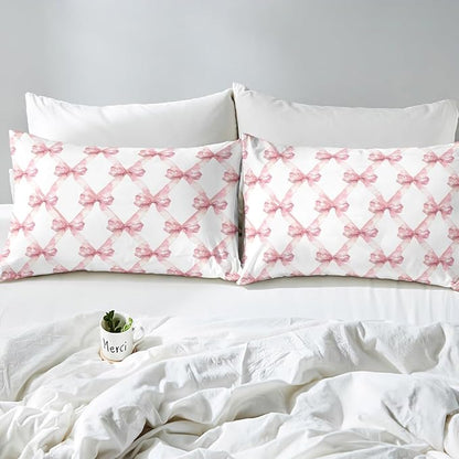 Pink Bowknot Fitted Sheet Queen Size (No Flat Sheet) Dreamy Princess Style Kids Girls Bedding Sheet Set,Watercolor Bow Geometric Grids White Bed Cover Ultra Soft Breathable Bedding 3 Pcs