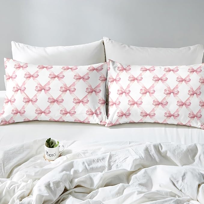 Pink Bowknot Fitted Sheet & Pillow Case Twin Size Dreamy Princess Style Kids Girls Bed Set for Kids Watercolor Bow Geometric Grids White Bedding Set (1 Fitted Sheet+1 Pillow Case)