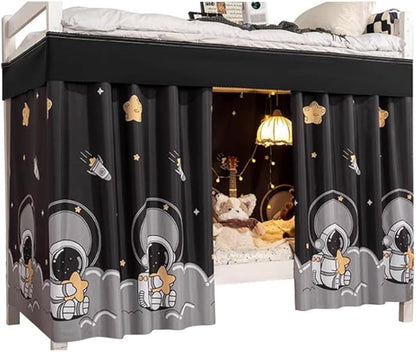 Cute Opaque Bottom Bunk Bed Curtains Privacy Cloth Underbed Curtains for Boys Girls 2 Panels 100% Blackout, Black Sitting Spaceboy