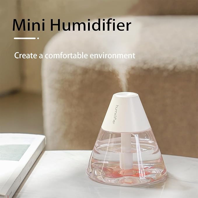 INVODA Mini Humidifiers, 260ml USB Personal Cool Mist Humidifier Cute Volcanoes Desktop Air Humidifier Quiet Night Light Small Humidifiers for Car, Office, Bedroom, Travel (White)