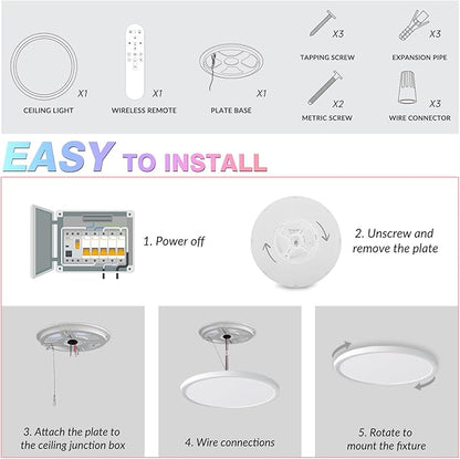 Smart RGB LED Ceiling Light with Remote, 12" WiFi Flush Mount Ceiling Light Works with Alexa & Google Home, 24W=2400LM Dimmable, DIY Colors & 2700K-6500K, for Bedroom Living Room, 1 Pack