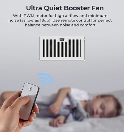 Quiet Register Booster Fan Fits 6" x 12" Register Holes, 10-Speed Smart Heating Cooling AC Vent Fan with Remote Control and Thermostat Control - White