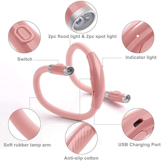 LED Neck Reading Light, Book Light for Reading in Bed,3 Brightness Levels， Rechargeable, Long Lasting, Perfect for Reading, Knitting, Camping, Repairing (Light Pink)