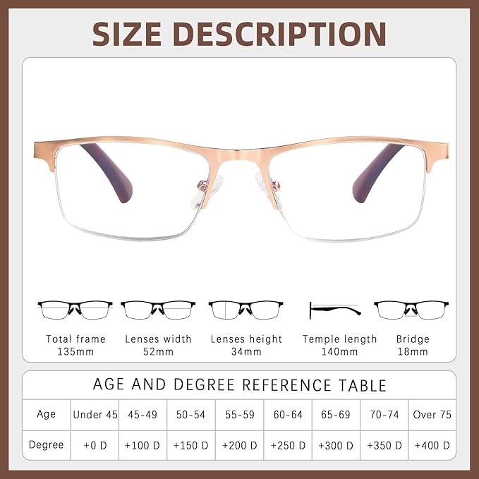 FONHCOO Reading Glasses for Women Men, Blue Light Blocking Reading Glasses Metal Half Frame Computer Readers Anti UV/Glare