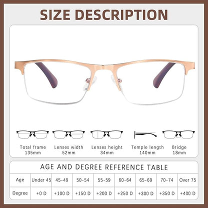 FONHCOO Reading Glasses for Women Men, Blue Light Blocking Reading Glasses Metal Half Frame Computer Readers Anti UV/Glare