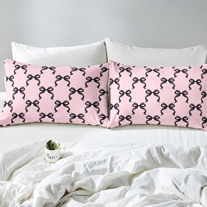 Manfei Black Bowknot Bedding Set Twin Size Princess Style Bow-tie Pink Black Bed Set for Teens Kids Sheet Dreamy Fairy Tale Bow Crossed Patchwork Bed Cover(1 Fitted Sheet+1 Pillow Case)