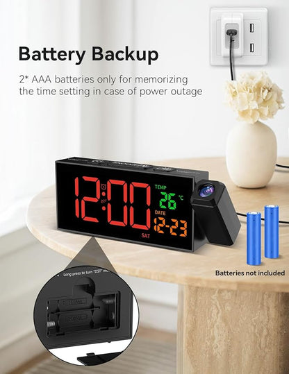 Netzu Projection Clock for Bedroom Ceiling, Alarm Clocks with 180° Rotatable Projector, Date Temperature and Weekday, Manual DST, 5 Brightness, 10 Ringtones, 4 Volumes and Snooze