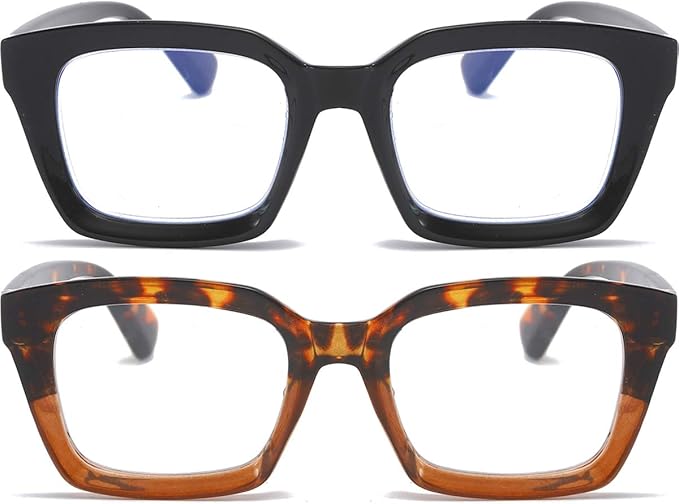 REAVEE 2 Pack Oprah Style Oversized Reading Glasses for Women Men Blue Light Blocking, Ladies Stylish Retro Square Large Computer Readers (Black/Leopard 3.5x)
