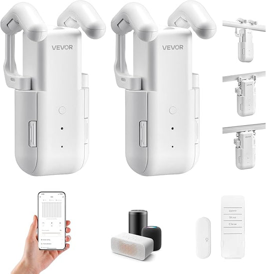 VEVOR Automatic Curtain Opener, 2 Pack, APP and Remote Control, Hub Included, Electric Smart Curtain Opener Compatible with Alexa and Google Home, Timed Opening and Closing, for Roman Rods, U/I Rails