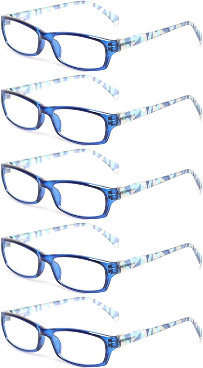 Kerecsen Reading Glasses 5 Pairs Fashion Ladies Readers Spring Hinge with Pattern Print Eyeglasses for Women (Blue, 5.0, x)