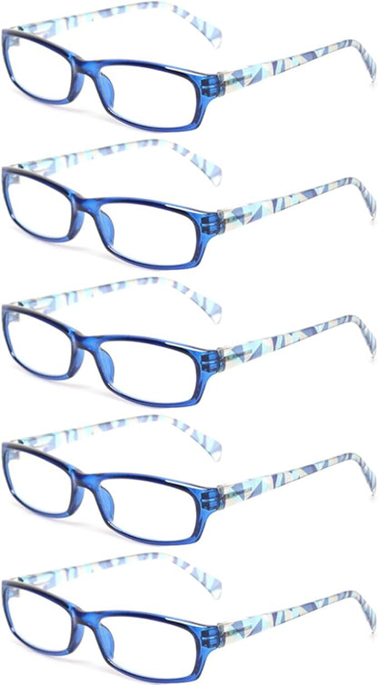 Kerecsen Reading Glasses 5 Pairs Fashion Ladies Readers Spring Hinge with Pattern Print Eyeglasses for Women (Blue, 3.5, x)