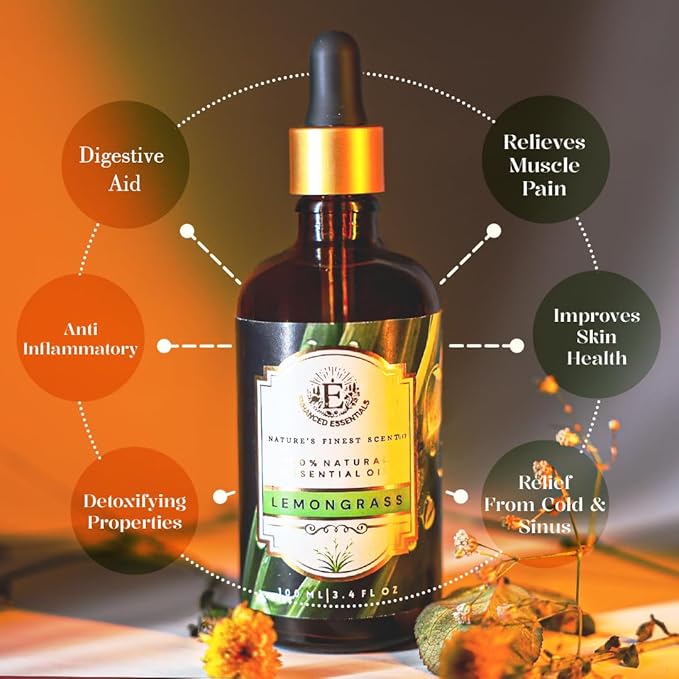 Luxurious Lemongrass Essential Oil by Enhanced Essentials|Slow Distilled,Organic and Pure Oils for Skin Care,Aromatherapy,Bath,Massage,Perfume,Gifting,Soap and Candle Making| 3.38 fl oz (100 ml)