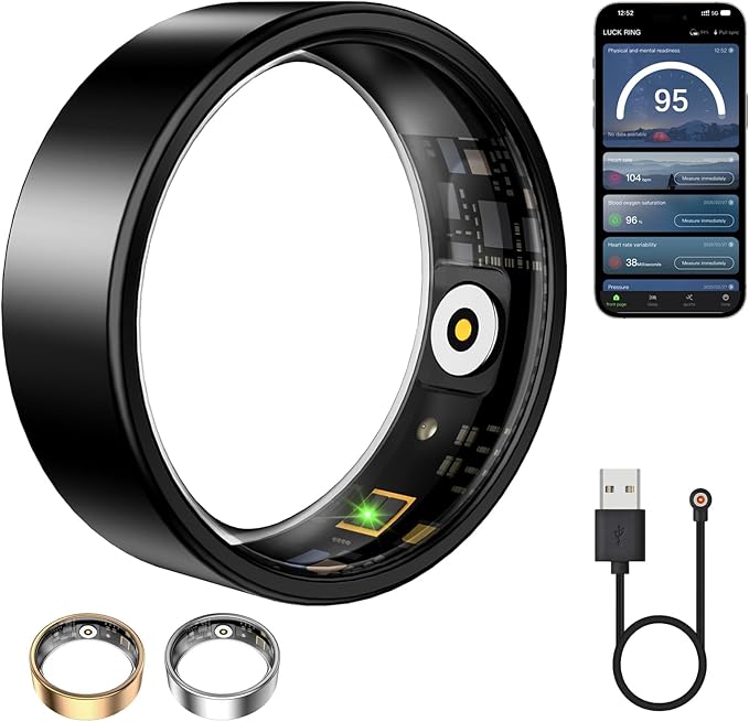 Smart Ring for Women & Men, Fitness Tracker with Heart Rate, Blood Oxygen, Sleep Monitoring, Long-Lasting Battery, IP68 Waterproof (Black, 8)
